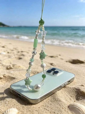 Bks Mint Green Beaded Phone Lanyard with Stars Hearts Crystals Anti-Loss Strap for iPhone Samsung Case Camera Key Bks Mint Green Beaded Phone Lanyard with Stars Hearts Crystals Anti-Loss Strap for iPhone Samsung Case Camera Key
