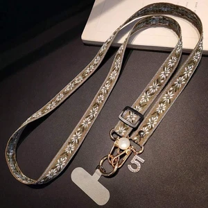 Bks Multicolor Adjustable Crossbody Phone Lanyard with Pearl Pendant Floral Pattern Wide Strap for Women Bks Multicolor Adjustable Crossbody Phone Lanyard with Pearl Pendant Floral Pattern Wide Strap for Women