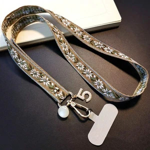 Bks Multicolor Adjustable Crossbody Phone Lanyard with Pearl Pendant Floral Pattern Wide Strap for Women Bks Multicolor Adjustable Crossbody Phone Lanyard with Pearl Pendant Floral Pattern Wide Strap for Women