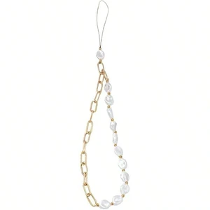 Bks Gold Metal Chain Phone Lanyard with Faux Pearl Beads Universal Anti-Loss Wrist Strap Keychain Decor Bks Gold Metal Chain Phone Lanyard with Faux Pearl Beads Universal Anti-Loss Wrist Strap Keychain Decor