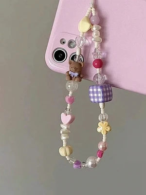 Bks Bear Shaped Beaded Phone Strap Cute Y2K Grid Design Lanyard for Teenage Girls Mobile Unique Bks Bear Shaped Beaded Phone Strap Cute Y2K Grid Design Lanyard for Teenage Girls Mobile Unique