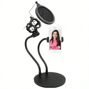 Bks Gooseneck Mic Arm With Phone Holder Pop Filter 360 Rotating Stand Desk Mount For Streaming Recording Compatible iPhone Android Bks Gooseneck Mic Arm With Phone Holder Pop Filter 360 Rotating Stand Desk Mount For Streaming Recording Compatible iPhone Android