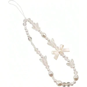 Bks White Phone Lanyard Universal Wrist Strap Anti Lost Chain Keyring Charm with Bow Pearl Beads Bks White Phone Lanyard Universal Wrist Strap Anti Lost Chain Keyring Charm with Bow Pearl Beads