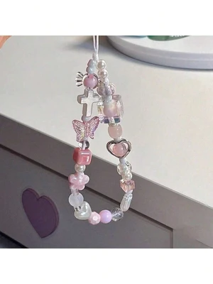 Bks Soft Pink Sakura Flower Metal Heart CCD Camera Wrist Strap DIY Beaded Phone Lanyard Case Charm Bks Soft Pink Sakura Flower Metal Heart CCD Camera Wrist Strap DIY Beaded Phone Lanyard Case Charm