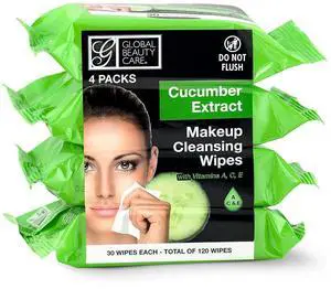 Cucumber Makeup Remover Wipes with Vitamins A C E For Cooling Skin Support - Facial Cleansing Towelettes Remove Waterproof Mascara, Oil & Dirt, All Skin Types 120 Count (4-Pack) Cucumber Makeup Remover Wipes with Vitamins A C E For Cooling Skin Support - Facial Cleansing Towelettes Remove Waterproof Mascara, Oil & Dirt, All Skin Types 120 Count (4-Pack)