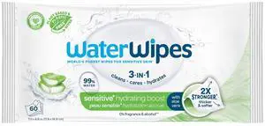 WaterWipes Sensitive+ Hydrating Boost Wipes, 3-In-1 Cleans, Cares, Hydrates, 99% Water with Aloe Vera, Unscented & Hypoallergenic Baby Wipes, 60 Count (1 Pack) WaterWipes Sensitive+ Hydrating Boost Wipes, 3-In-1 Cleans, Cares, Hydrates, 99% Water with Aloe Vera, Unscented & Hypoallergenic Baby Wipes, 60 Count (1 Pack)