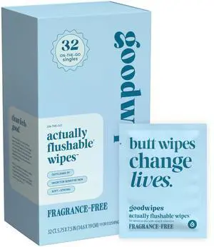 goodwipes Flushable Wipes for Women - Unscented Individually Wrapped Butt Wipes for Travel, Mini Purse & Festival Essentials, pH Balanced for Sensitive Skin - Fragrance-Free, 32 Count (1 Pack) goodwipes Flushable Wipes for Women - Unscented Individually Wrapped Butt Wipes for Travel, Mini Purse & Festival Essentials, pH Balanced for Sensitive Skin - Fragrance-Free, 32 Count (1 Pack)