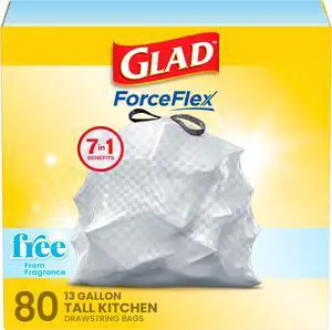 Glad ForceFlex Tall Kitchen Drawstring Trash Bags, 13 Gal, Fragrance Free, 80 Ct (Package May Vary) Glad ForceFlex Tall Kitchen Drawstring Trash Bags, 13 Gal, Fragrance Free, 80 Ct (Package May Vary)