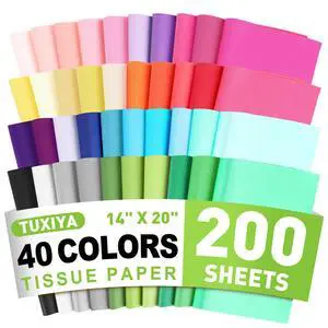 TUXIYA 200 PCS Tissue Paper,14" X 20" Colored Tissue Paper for Packaging, 40-Color Tissue Paper Bulk for Gift Bags,Crafts,Birthday Party Decoration and Wedding TUXIYA 200 PCS Tissue Paper,14" X 20" Colored Tissue Paper for Packaging, 40-Color Tissue Paper Bulk for Gift Bags,Crafts,Birthday Party Decoration and Wedding
