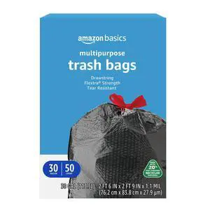 30 Gallon Flextra Strength Multipurpose Drawstring Trash Bags, 20% Post Consumer Recycled Material, Tear Resistant, Black, 50 Count 30 Gallon Flextra Strength Multipurpose Drawstring Trash Bags, 20% Post Consumer Recycled Material, Tear Resistant, Black, 50 Count