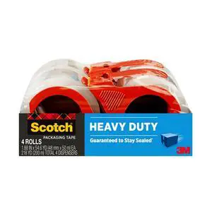 Scotch Heavy Duty Shipping Packing Tape, Clear, Shipping and Packaging Supplies, 1.88 in. x 54.6 yd., 4 Tape Rolls with 4 Dispensers Scotch Heavy Duty Shipping Packing Tape, Clear, Shipping and Packaging Supplies, 1.88 in. x 54.6 yd., 4 Tape Rolls with 4 Dispensers