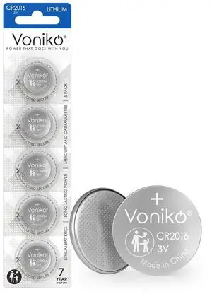 Voniko CR2016 3V Lithium Batteries 5 Pack for Child Safety, Compatible with Remotes, Key Fobs, Glucose Monitors - 7 Years Shelf Life Voniko CR2016 3V Lithium Batteries 5 Pack for Child Safety, Compatible with Remotes, Key Fobs, Glucose Monitors - 7 Years Shelf Life