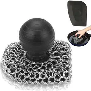 Cast Iron Scrubber with Pan Scraper, 316 Chainmail Scrubber, Upgraded Chain Mail Scrubber Sponge, Cast Iron Cleaner for Pan Skillet Wok Carbon Steel, Dutch Oven Metal Brush Cleaning Kit, Black Cast Iron Scrubber with Pan Scraper, 316 Chainmail Scrubber, Upgraded Chain Mail Scrubber Sponge, Cast Iron Cleaner for Pan Skillet Wok Carbon Steel, Dutch Oven Metal Brush Cleaning Kit, Black