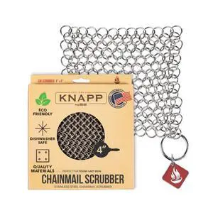 Knapp Made 4" x 4" Small Ring Chainmail Cast Iron Scrubber, Premium Stainless Steel Mesh Cleaner for Pre-Seasoned Pans, Dutch Ovens, Grills and Skillets Knapp Made 4" x 4" Small Ring Chainmail Cast Iron Scrubber, Premium Stainless Steel Mesh Cleaner for Pre-Seasoned Pans, Dutch Ovens, Grills and Skillets