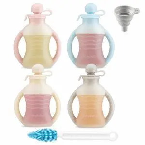 4 Pack Reusable Baby Food Pouches with Double Handles, Silicone Portable Pouches for Toddlers, Refillable 4oz Food Storage Bags for Puree, Yogurt, Smoothies - Includes Collapsible Funnel 4 Pack Reusable Baby Food Pouches with Double Handles, Silicone Portable Pouches for Toddlers, Refillable 4oz Food Storage Bags for Puree, Yogurt, Smoothies - Includes Collapsible Funnel