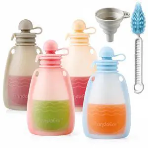 Reusable Silicone Baby Food Pouches, 4 Pack Squeeze Pouches for Toddler Kids, BPA-Free Silicone Refillable Baby Food Storage, 5 oz Reusable Silicone Baby Food Pouches, 4 Pack Squeeze Pouches for Toddler Kids, BPA-Free Silicone Refillable Baby Food Storage, 5 oz