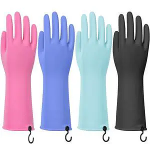 4 Pairs Rubber Dishwashing Gloves with Hanging Hooks - Reusable Cleaning Gloves for Kitchen & Household, Non-Slip, Durable and Flexible (Medium, 4 Colors: Black, Pink, Blue, Purple) 4 Pairs Rubber Dishwashing Gloves with Hanging Hooks - Reusable Cleaning Gloves for Kitchen & Household, Non-Slip, Durable and Flexible (Medium, 4 Colors: Black, Pink, Blue, Purple)