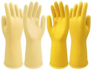 Rubber Cleaning Dishwashing Gloves for Kitchen Dish - Thicken Reusable Gloves for Washing Dishes, 2 Pairs Yellow Beige Medium Rubber Cleaning Dishwashing Gloves for Kitchen Dish - Thicken Reusable Gloves for Washing Dishes, 2 Pairs Yellow Beige Medium
