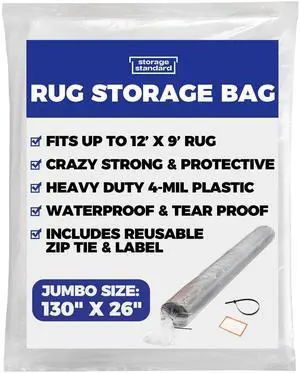 Heavy Duty Rug Storage Bag - Reusable Rug Shipping Bag, Waterproof Plastic Rug Cover - Fits Rolled Carpet Up to 9 x 12 Feet, 4 Mil Thick Tear Proof Plastic Storage Bag - 1 Clear Bag, 130 x 26 Inches Heavy Duty Rug Storage Bag - Reusable Rug Shipping Bag, Waterproof Plastic Rug Cover - Fits Rolled Carpet Up to 9 x 12 Feet, 4 Mil Thick Tear Proof Plastic Storage Bag - 1 Clear Bag, 130 x 26 Inches