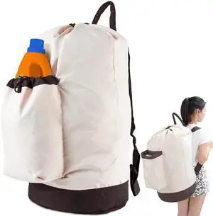 Laundry Bag Backpack with Shoulder Straps and Detergent Holder Clothes, Travel Laundry Backpack Bag Hamper for College (Khaki w Brown) Laundry Bag Backpack with Shoulder Straps and Detergent Holder Clothes, Travel Laundry Backpack Bag Hamper for College (Khaki w Brown)