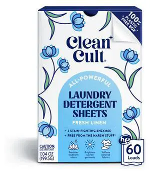 Laundry Detergent Sheets - Resealable Box - 3 Stain Fighting Enzymes - Fresh Linen - 60 Loads - Free of Harsh Chemicals - No Mess - No Plastic Waste Laundry Detergent Sheets - Resealable Box - 3 Stain Fighting Enzymes - Fresh Linen - 60 Loads - Free of Harsh Chemicals - No Mess - No Plastic Waste