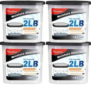 Moisture Absorber Buckets Large Capacity Dehumidifier and Humidity Absorber for Closet, Basement, Bathroom, RV, and Storage Areas, Activated Carbon, 2 lbs, 4 Pack Moisture Absorber Buckets Large Capacity Dehumidifier and Humidity Absorber for Closet, Basement, Bathroom, RV, and Storage Areas, Activated Carbon, 2 lbs, 4 Pack