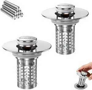 Bathroom Sink Drain Strainer(2PCS), Stainless Steel Pop-up Strainer Basket Hair Catcher with Removable Basket, Brass Bullet Core, Universal Fit 1.1-2.36 Inch Bathroom Sink Drain Strainer(2PCS), Stainless Steel Pop-up Strainer Basket Hair Catcher with Removable Basket, Brass Bullet Core, Universal Fit 1.1-2.36 Inch