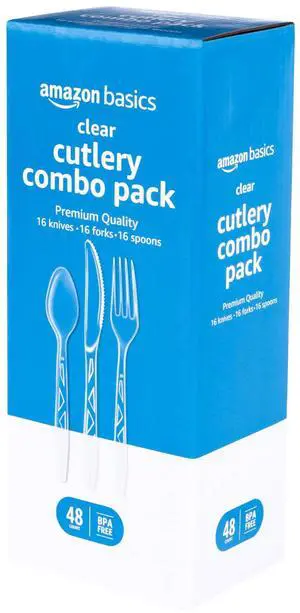 Disposable Clear Plastic Cutlery, Premium Quality, BPA-Free, Sturdy, 48 Count Combo Pack: 16 Forks, 16 Spoons and 16 Knives Disposable Clear Plastic Cutlery, Premium Quality, BPA-Free, Sturdy, 48 Count Combo Pack: 16 Forks, 16 Spoons and 16 Knives