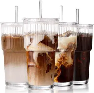 Iced Coffee Cups with Lids: Coffee Bar Accessories - Ribbed Glass Tumbler with Straw and Lid 4Pcs - 20oz Leak Proof Tumbler - Reusable Glass Cups and Tumblers with Lid and Straws for To Go Iced Coffee Iced Coffee Cups with Lids: Coffee Bar Accessories - Ribbed Glass Tumbler with Straw and Lid 4Pcs - 20oz Leak Proof Tumbler - Reusable Glass Cups and Tumblers with Lid and Straws for To Go Iced Coffee