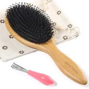 Hair Brush-Boar Bristle Hair Brushes Natural Bamboo Wooden Cushion Massage Anti Static Large Paddle Hairbrush for Women Men and Kid (Round) Hair Brush-Boar Bristle Hair Brushes Natural Bamboo Wooden Cushion Massage Anti Static Large Paddle Hairbrush for Women Men and Kid (Round)
