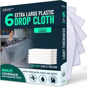 6 Pack 12x9 ft Extra Large Plastic Drop Cloth for Painting, Furniture Covers, Painters Plastic Cover, Clear Paint Tarp, Floor Protector, Disposable Paint Drop Cloth, 55% Recycled 6 Pack 12x9 ft Extra Large Plastic Drop Cloth for Painting, Furniture Covers, Painters Plastic Cover, Clear Paint Tarp, Floor Protector, Disposable Paint Drop Cloth, 55% Recycled