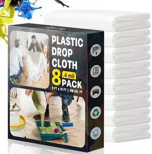 Plastic Drop Cloths for Painting, 9x12 Ft Plastic Sheeting, 0.4Mil (8-Pack) Plastic Drop Cloths for Painting, 9x12 Ft Plastic Sheeting, 0.4Mil (8-Pack)