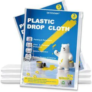 3 Pack 9x12 FT Plastic Drop Cloths for Painting, Disposable Sheeting & Tarp 3 Pack 9x12 FT Plastic Drop Cloths for Painting, Disposable Sheeting & Tarp