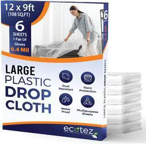 6 Pack 12 x 9 ft Extra Large Plastic Drop Cloth for Painting 6 Pack 12 x 9 ft Extra Large Plastic Drop Cloth for Painting