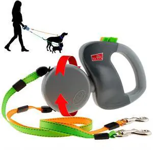 Two Dog Reflective Retractable Pet Leash 360 Degree Zero Tangle Patent - Two Dogs Each up to 50 lbs and 10ft. Reflective Orange and Green Leads. Dual locking Two Dog Reflective Retractable Pet Leash 360 Degree Zero Tangle Patent - Two Dogs Each up to 50 lbs and 10ft. Reflective Orange and Green Leads. Dual locking