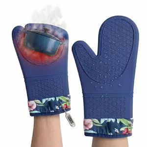 Pair of 2 Heat-Resistant Silicone Oven Mitts Extra Long, Non-Slip Grip, Soft Cotton Lining, Perfect for Baking, Cooking & BBQ 13 x 7 Kitchen Gloves (Blue Flora) Pair of 2 Heat-Resistant Silicone Oven Mitts Extra Long, Non-Slip Grip, Soft Cotton Lining, Perfect for Baking, Cooking & BBQ 13 x 7 Kitchen Gloves (Blue Flora)