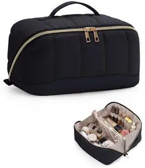 Makeup Bag for Women, Open Flat Puffy Organizer with Wipe-Clean PVC Lining Makeup Bag for Women, Open Flat Puffy Organizer with Wipe-Clean PVC Lining