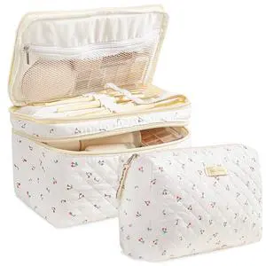 2Pcs Travel Makeup Bag Large Quilted Cosmetic Bag Make up Bag 2Pcs Travel Makeup Bag Large Quilted Cosmetic Bag Make up Bag