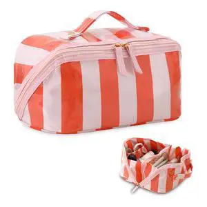 Travel Makeup Bag, Pink and Orange Striped Travel Makeup Bag, Pink and Orange Striped