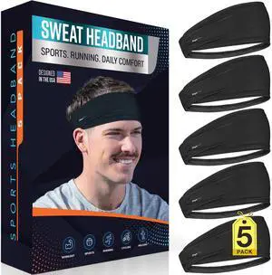 5-Pack Sport Headbands for Men & Women - Sweat-Wicking Workout & Running Head Bands - Exercise Sweat Band for Workout, Basketball, Tennis, Cycling, Yoga (Black) 5-Pack Sport Headbands for Men & Women - Sweat-Wicking Workout & Running Head Bands - Exercise Sweat Band for Workout, Basketball, Tennis, Cycling, Yoga (Black)