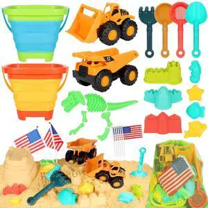 Beach Sand Toys for Kids, 29PCS Sandbox Toys with 2 Collapsible Bucket Sand, 2 Dump Truck, Dinosaur Molds, Castle Building Kit, Shovel Sieve,Flags,Mesh Bag Travel Beach Toys for Toddler 3-10 Beach Sand Toys for Kids, 29PCS Sandbox Toys with 2 Collapsible Bucket Sand, 2 Dump Truck, Dinosaur Molds, Castle Building Kit, Shovel Sieve,Flags,Mesh Bag Travel Beach Toys for Toddler 3-10