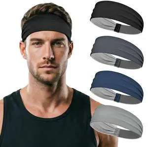 Sports Headbands for Men 4 Pack, Moisture Wicking Sweatbands for Men, Non Slip Running Headband, Elastic Breathable Sweat Bands for Running, Tennis, Football, Baseball, Soccer, Gym, Cycling, Workout Sports Headbands for Men 4 Pack, Moisture Wicking Sweatbands for Men, Non Slip Running Headband, Elastic Breathable Sweat Bands for Running, Tennis, Football, Baseball, Soccer, Gym, Cycling, Workout