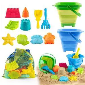 Collapsible Beach Toys for Toddlers Kids 2 Foldable Sand Buckets Shovel Rake, 8 Sand Molds & Castle Building Kit, Mesh Bag 13-Piece Travel Sandbox Toy Set Ages 3-12 Collapsible Beach Toys for Toddlers Kids 2 Foldable Sand Buckets Shovel Rake, 8 Sand Molds & Castle Building Kit, Mesh Bag 13-Piece Travel Sandbox Toy Set Ages 3-12