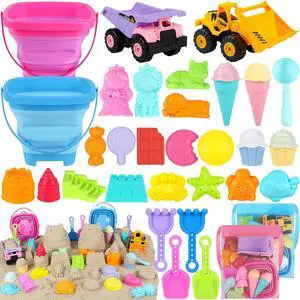 Beach Toys with 2 Trucks, Collapsible Buckets for Kids Ages 3-12 Beach Toys with 2 Trucks, Collapsible Buckets for Kids Ages 3-12