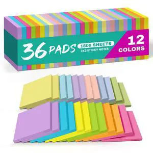 36 Pads Sticky Notes, 3x3 Inches, 12 Bright Colors, 50 Sheets/Pad 36 Pads Sticky Notes, 3x3 Inches, 12 Bright Colors, 50 Sheets/Pad