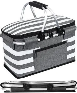 Insulated Picnic Basket,Leak-Proof Collapsible Cooler Bag,26L Grocery Basket with Lid,2 Sturdy Handles,Storage Basket for Picnic,Food Delivery,Take Outs,Market Shopping,Travel (Gray) Insulated Picnic Basket,Leak-Proof Collapsible Cooler Bag,26L Grocery Basket with Lid,2 Sturdy Handles,Storage Basket for Picnic,Food Delivery,Take Outs,Market Shopping,Travel (Gray)
