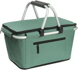 Picnic Basket, Collapsible Shopping Basket with Handles 27L Large Market Basket with Lid Reusable Folding Grocery Basket Insulated Cooler Bag, Green Picnic Basket, Collapsible Shopping Basket with Handles 27L Large Market Basket with Lid Reusable Folding Grocery Basket Insulated Cooler Bag, Green