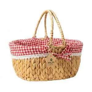 Wicker Basket with Handles and Lining, Handwoven Water Hyacinth Picnic Hamper, Oval Basket for Camping, Outdoor, Fruit, Wine, Thanksgiving Day, Birthday, Easter, Parent (Red, M) Wicker Basket with Handles and Lining, Handwoven Water Hyacinth Picnic Hamper, Oval Basket for Camping, Outdoor, Fruit, Wine, Thanksgiving Day, Birthday, Easter, Parent (Red, M)