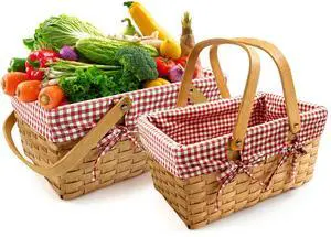 2 Sizes Picnic Basket, 16 in Woodchip Basket with Double Folding Handles,Woven Basket with Removable Red and White Liner for Storage, Egg Gathering, Wedding, Camping, Outdoor 2 Sizes Picnic Basket, 16 in Woodchip Basket with Double Folding Handles,Woven Basket with Removable Red and White Liner for Storage, Egg Gathering, Wedding, Camping, Outdoor