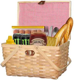 Wickerwise Gingham Lined Woodchip Picnic Basket with Lid and Movable Handles Wickerwise Gingham Lined Woodchip Picnic Basket with Lid and Movable Handles